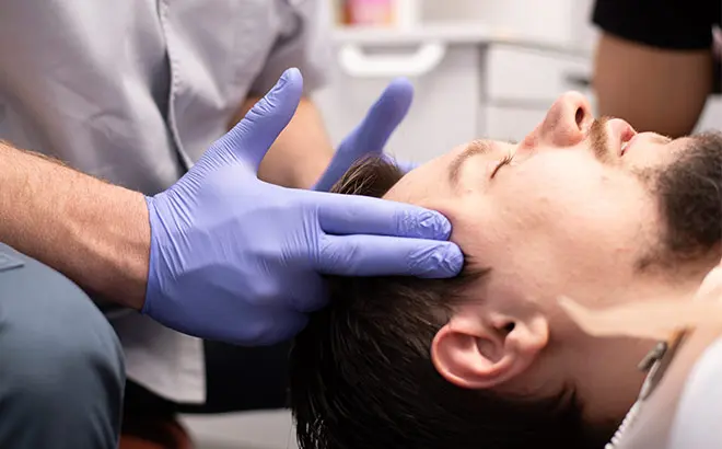 Profissional ajustando placa de bruxismo em paciente