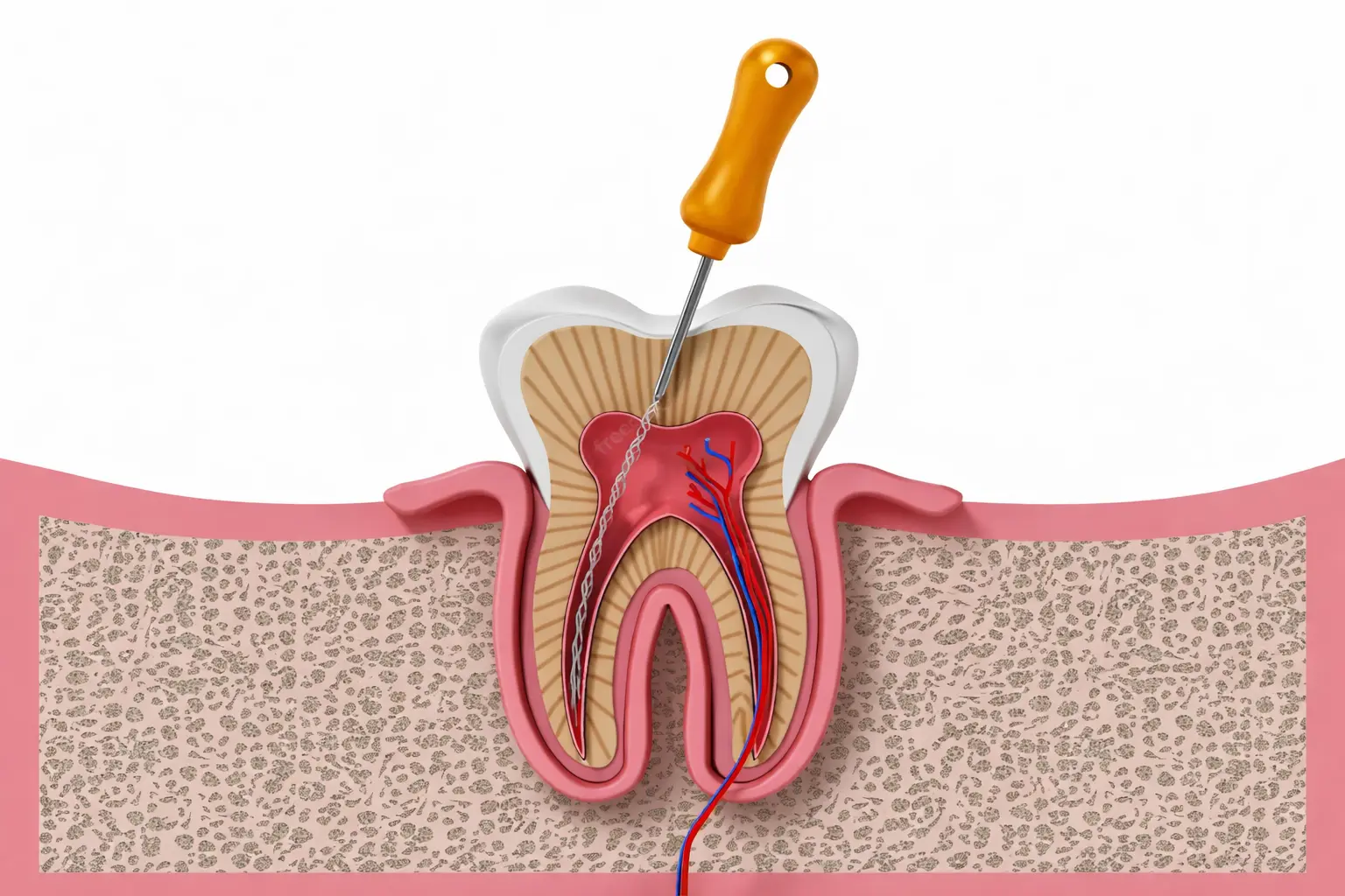 Ilustração em corte de um dente mostrando um tratamento de canal, com uma ferramenta odontológica inserida na raiz para limpar o interior, destacando nervos e vasos sanguíneos, cercado pela gengiva e estrutura óssea