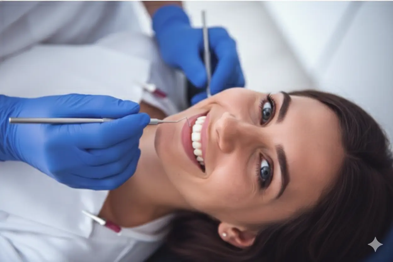 Dentista explicando um tratamento para paciente em ambiente claro, moderno e calmo