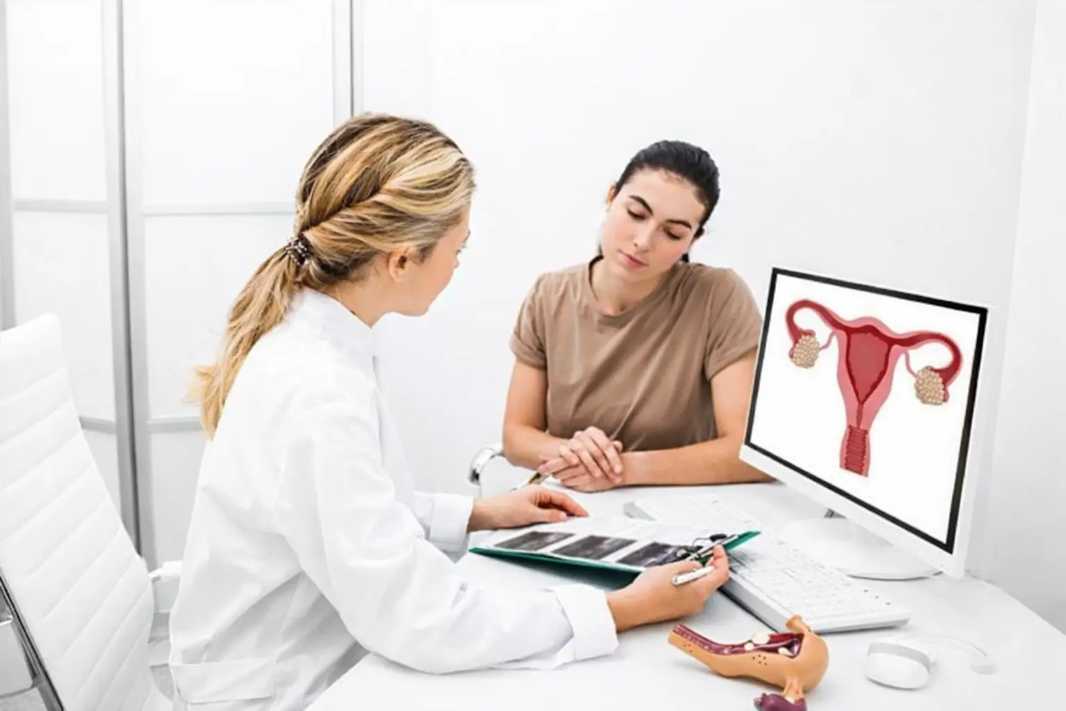 Foto de uma médica segurando uma prancheta explicando exames para uma paciente mulher com imagem de um monitor mostrando um útero ao fundo